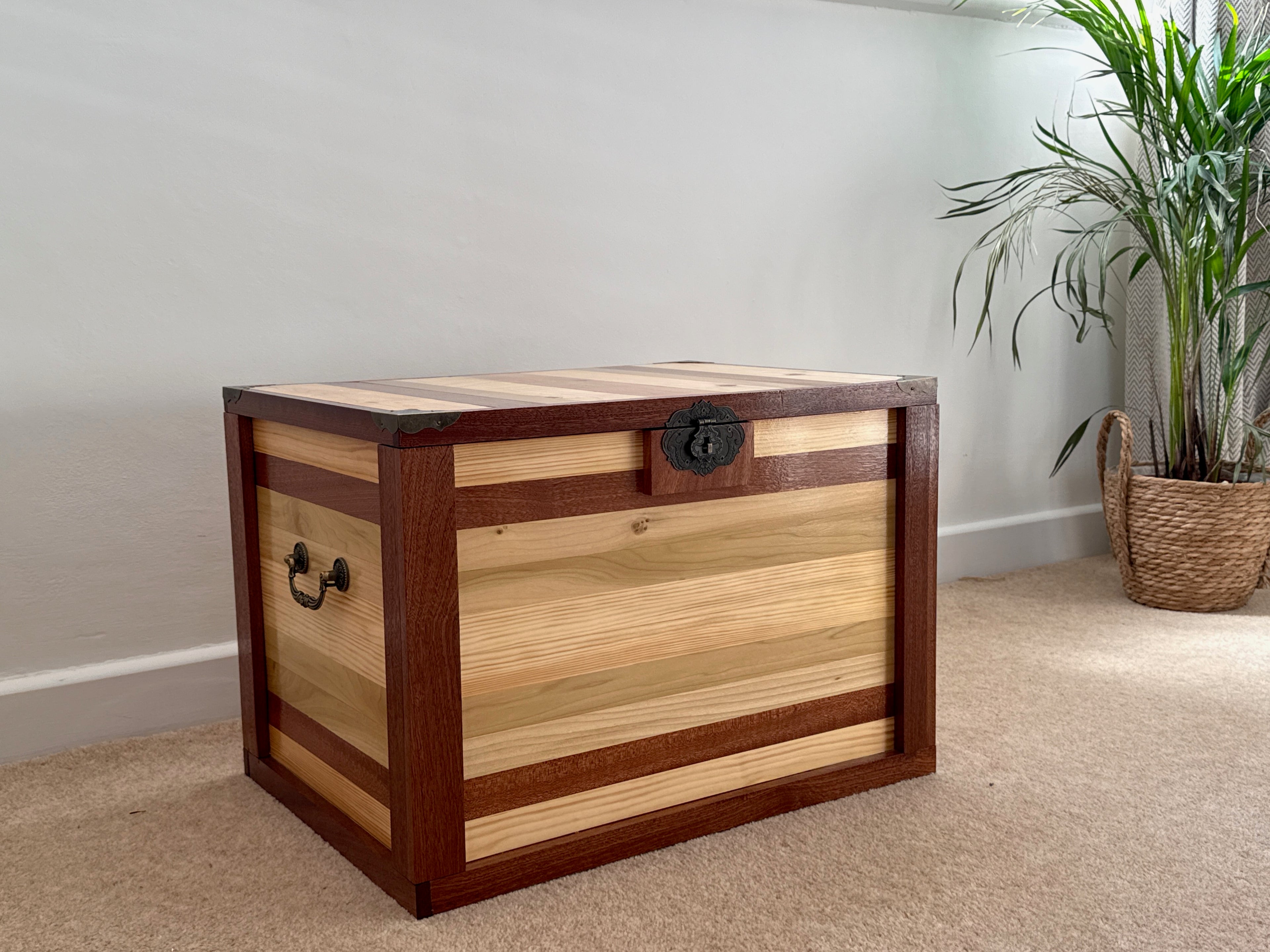 Handcrafted Two-Tone Solid Wood Storage Chest with Lock