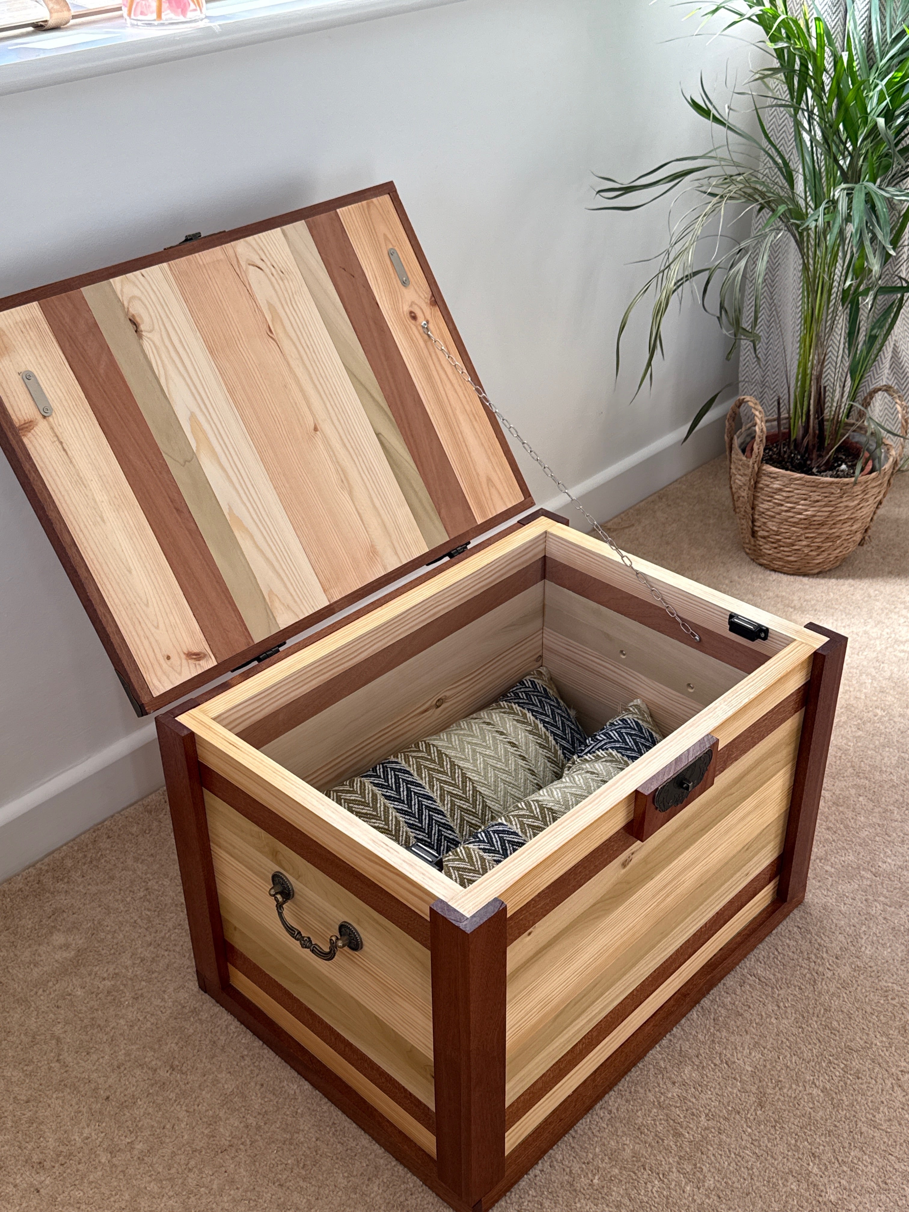 Handcrafted Two-Tone Solid Wood Storage Chest with Lock