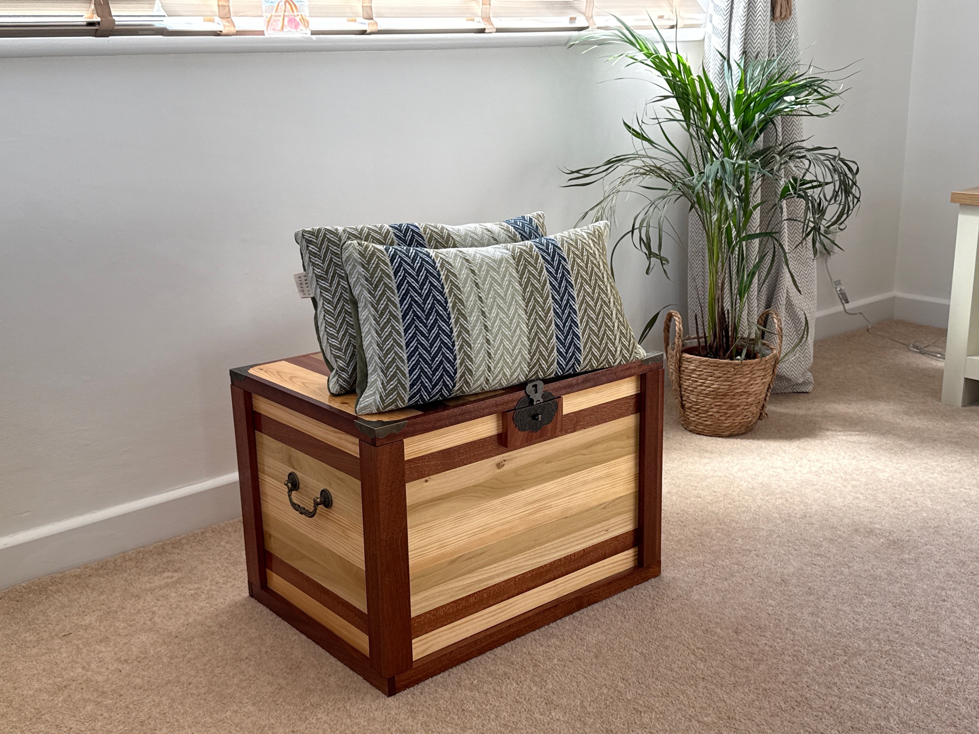 Handcrafted Two-Tone Solid Wood Storage Chest with Lock